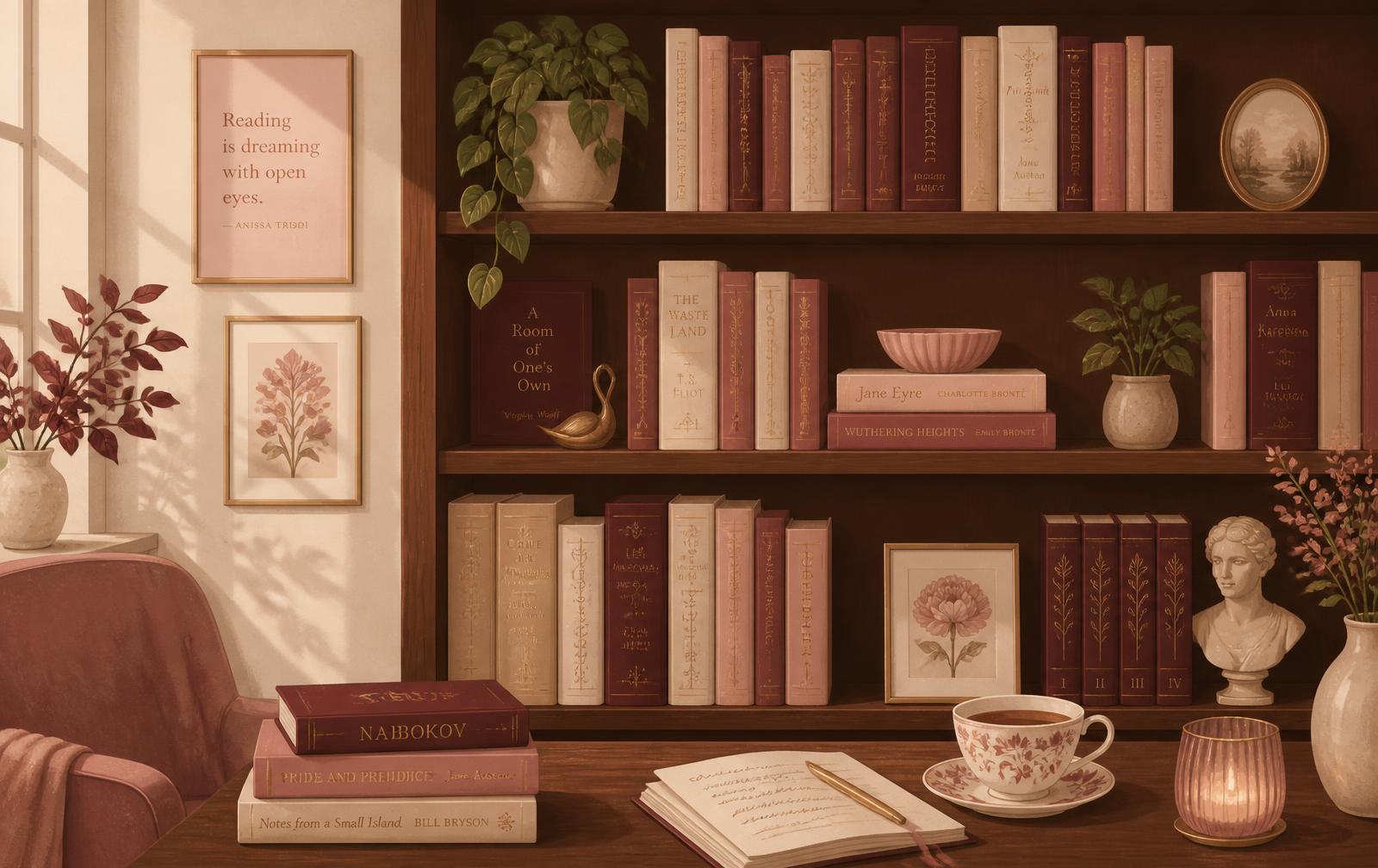 Illustration of a warm home library with shelves of books, a cup of tea and a reading journal